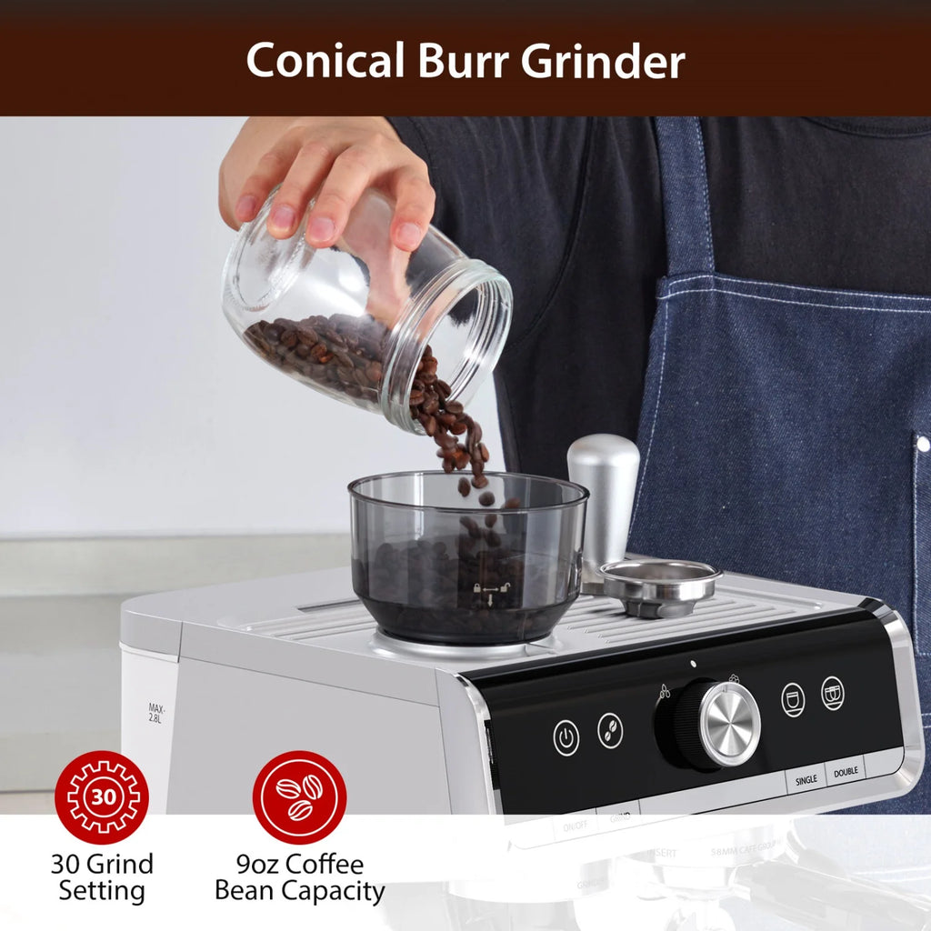 20 Bar Semi Automatic Espresso Machine, Professional Coffee Machine with Built-in Grinder & Milk Frother – 2.8L Removable Water Tank – Coffee Maker for Home, Latte, Cappuccino