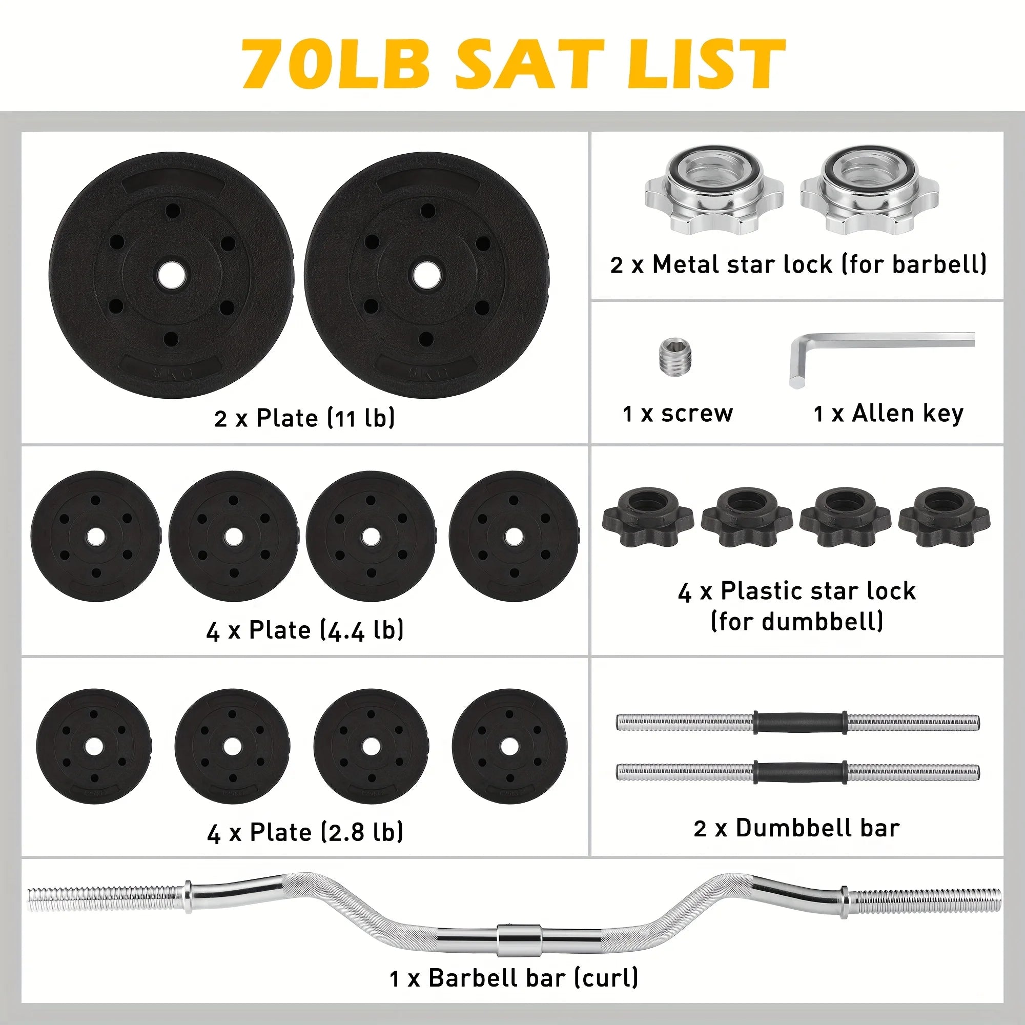 70LB 2-in-1 Barbell Set with Curl Bar & Weight Plates - Convertible Dumbbells for Full-Body Gym Workouts, Weightlifting System for &, No Additional Equipment Needed ()