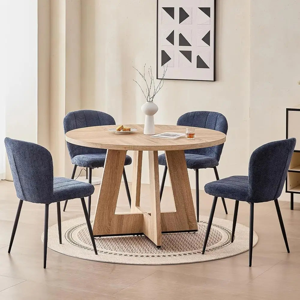 47 Round Solid Wood Dining Set with 4 Chenille Chairs, Thick 1.38 Table Top