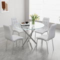 5-Piece Glass Dining Table Set, Round Kitchen Table Set or 4 with Silver Glass Table and 4 White aux Leather Upholstered Dining