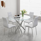 5-Piece Glass Dining Table Set, Round Kitchen Table Set or 4 with Silver Glass Table and 4 White aux Leather Upholstered Dining