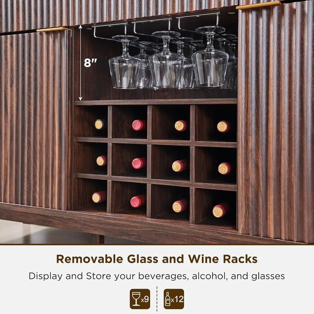 luted Wine Bar Cabinet, 60" Wide ern Buet Sideboard with Ample Storage - 2 Side Cabi, 3 Ders, 4 Glass Holders & 12 Wine Racks, C