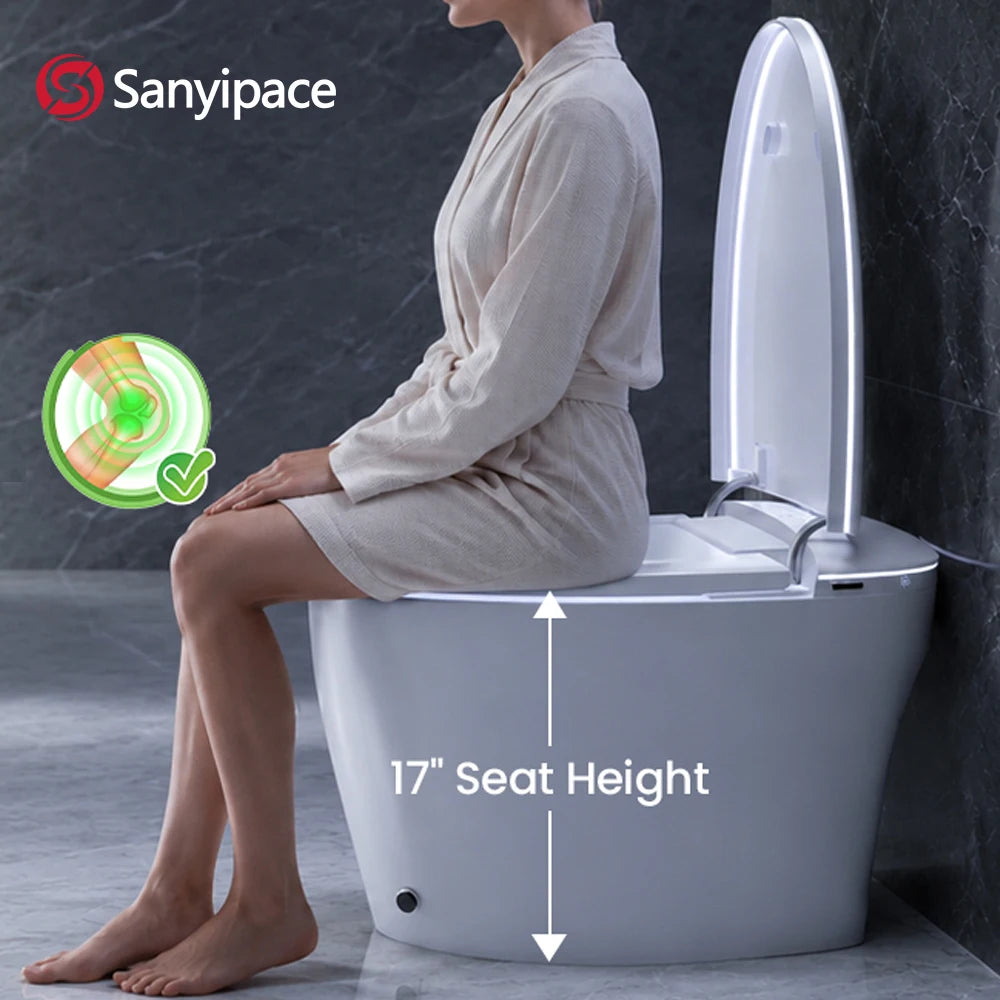 Sanyipace High-end 1000 Gram MaP Smart Toilet Seat and Bidet Extended Elliptical Shape Ergonomic Milky White Design ADA Height with Instant Heating Warm Water Auto Toilet