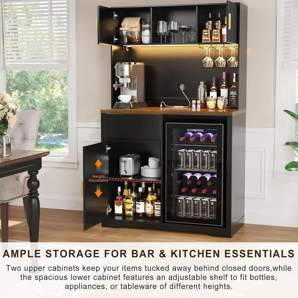 72 High Bar Cabinet with Ridged Storage, LED-lit Liquor Hutch for Home Bar or Dining Area