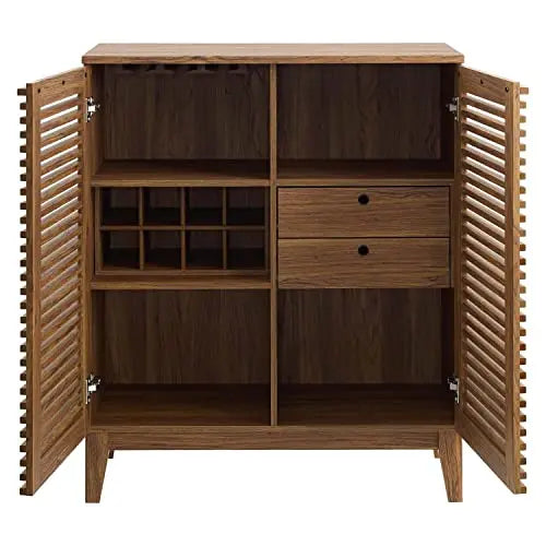 Walnut Mid-Century Bar Cabinet With Slatted Doors, Wine Rack And Dual Drawers For Home Storage