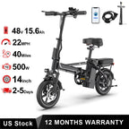 Black Foldable Ebike 500W 48V 10.4AH Electric Bicycle 22MPH Max Speed 28Miles Long Range with Two Seats for Adult