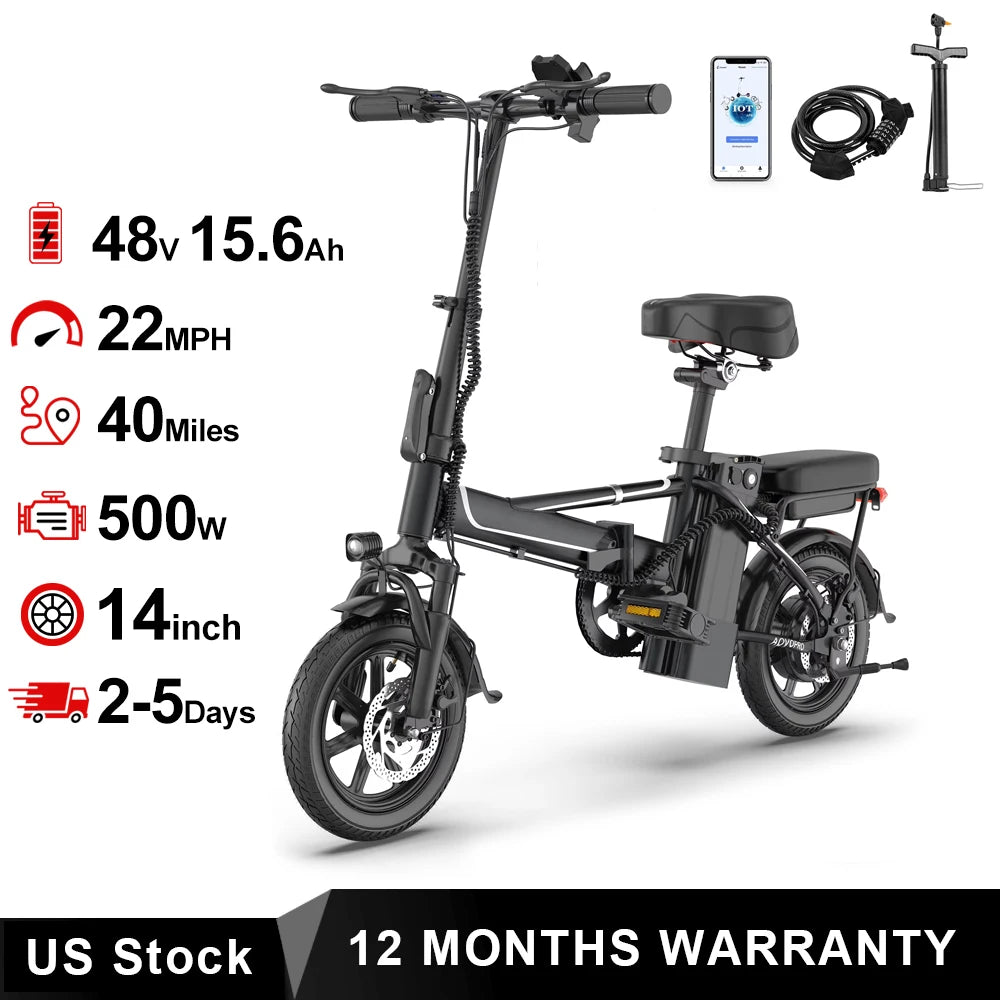 Black Foldable Ebike 500W 48V 10.4AH Electric Bicycle 22MPH Max Speed 28Miles Long Range with Two Seats for Adult