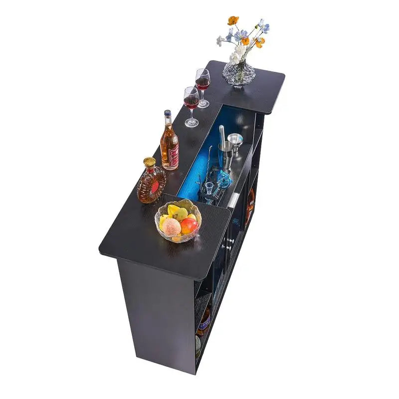Home Bar Unit, Wine Bar Cabinet Table 4-Tier with Storage Drawer Shelves, Wine Glass Holder, Bottle Rack, LED Light, Wood & Metal Liquor Cabinet for Home, Basement, Kitchen, Living Room, Black
