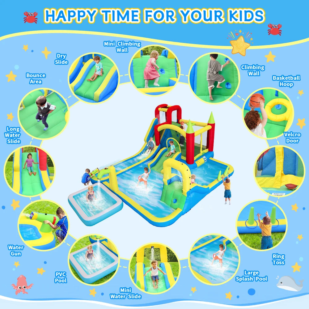 11 in1 Inflatable Slide Water Park Dry and Wet Slides Large Pool Water Gun Trampoline Climbing Wall Basketball Hoop and Ring Toss Game Outdoor Indoor Backyard Party Bounce Castle for Kids