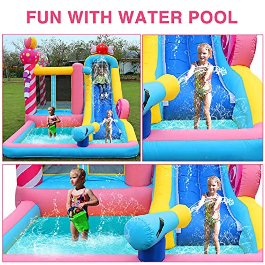 5-in-1 Iatable Water Slide for,Water Bounce House w/Air Blower, Jumping Area, Sprinker, Water Cannon, Climbing Wall and Splash