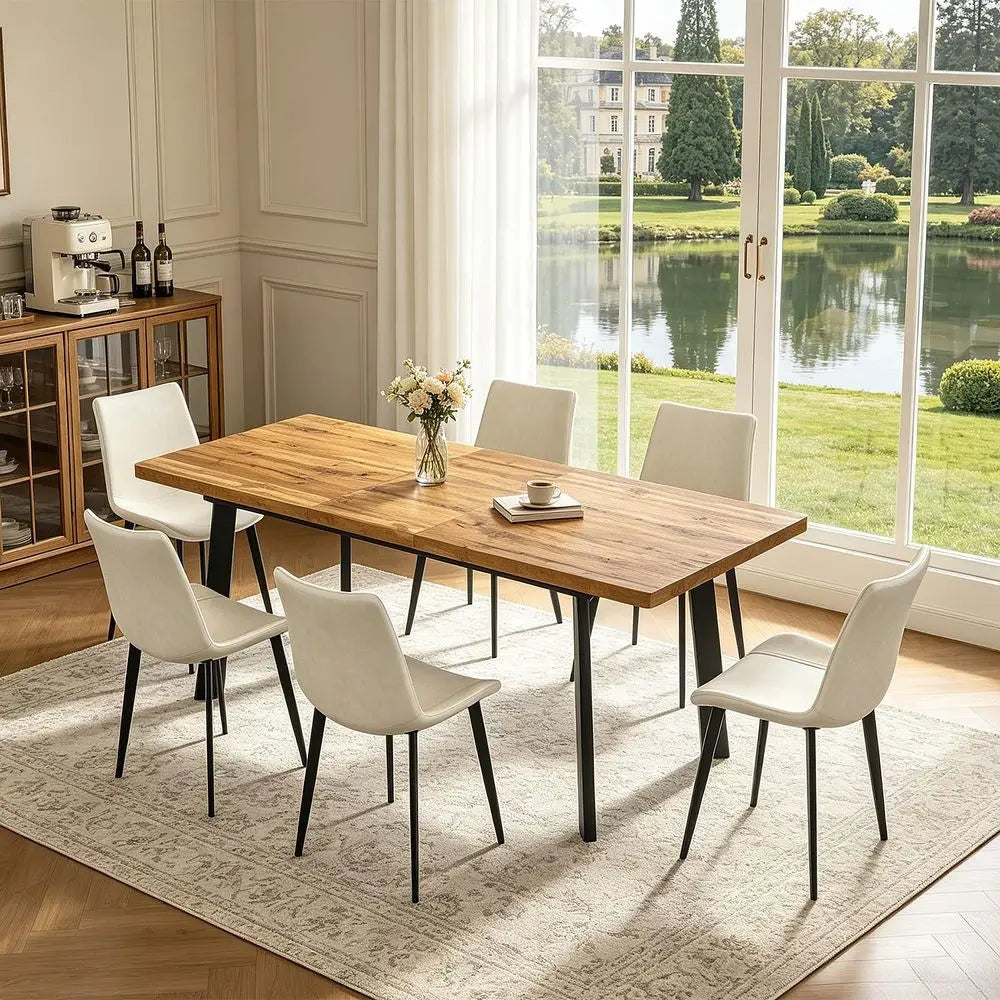 Walnut Extendable Dining Table Set for 6-8 with White Leather Chairs