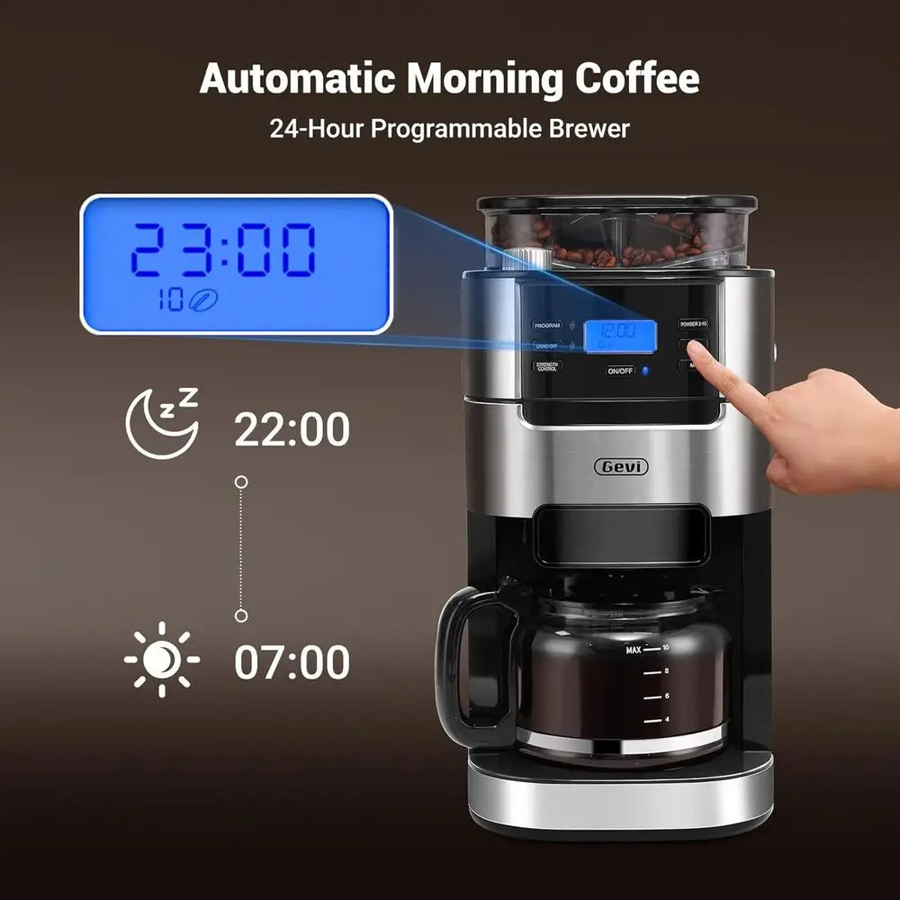 10-Cup Drip Coffee Maker with Built-in Burr Grinder & Programmable Timer, 1.5L Water Tank, Auto Keep-Warm, Reusable Filter - Fre