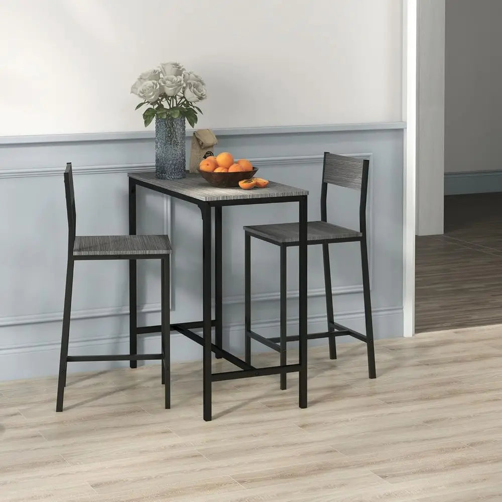 Gray Industrial 3-Piece Bar Table Set with Chairs, Compact Dining for Small Spaces