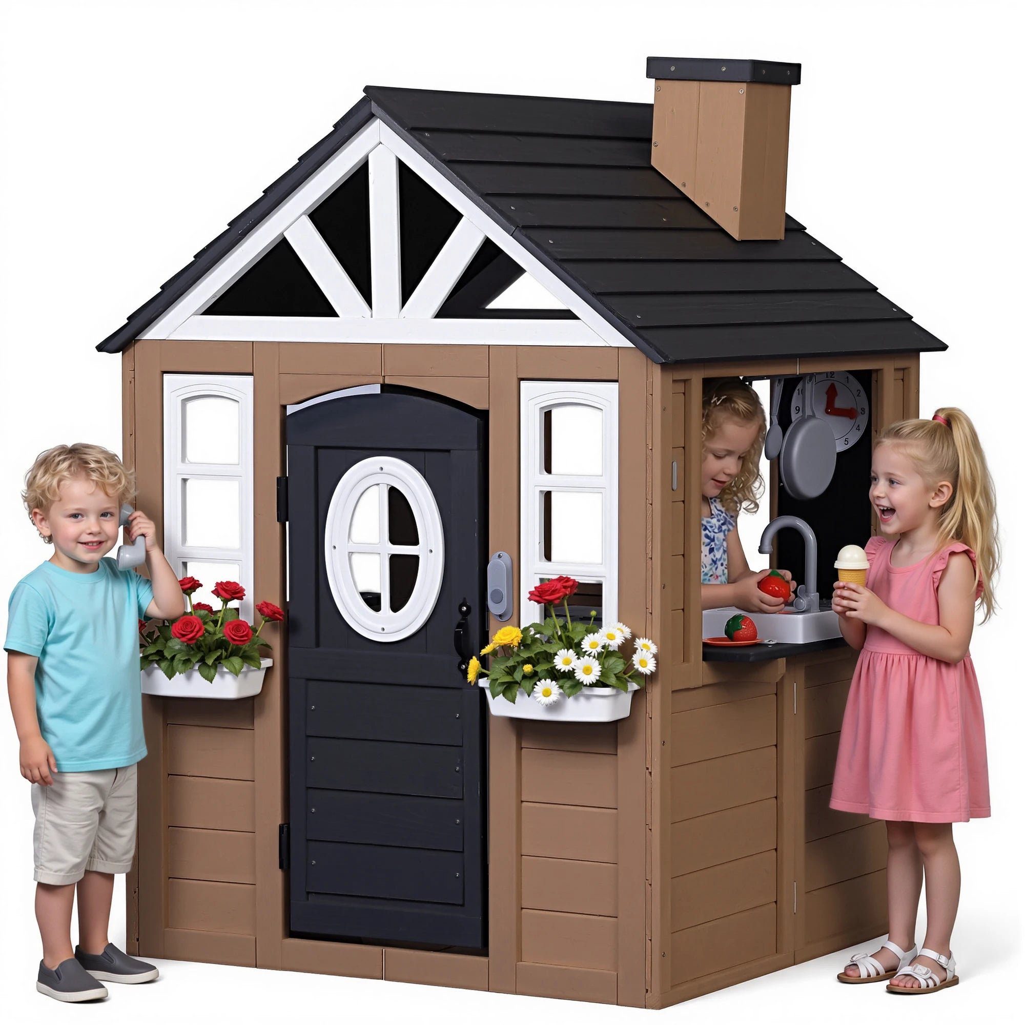 Kids Wooden Playhouse Outdoor Indoor Pretend Play Cottage with Kitchen Sink, Doorbell, Doodle Board, Clock, Flower Pot, Dog Hole Curtain, Kitchenware Accessories, Backyard Kids Role Play Game House Toy for Boys Girls