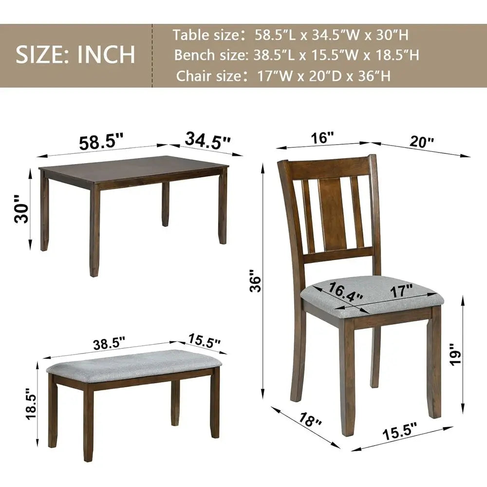 Walnut 6-Piece Solid Wood Dining Set with 1 Table, 4 Chairs, and 1 Bench