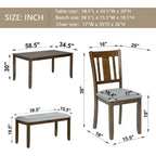 Walnut 6-Piece Solid Wood Dining Set with 1 Table, 4 Chairs, and 1 Bench