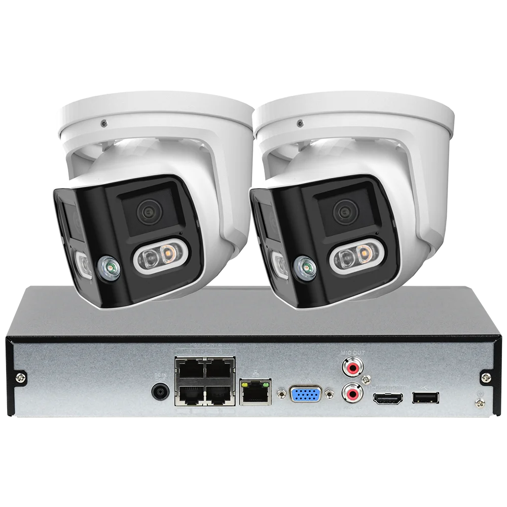 4CH 4K Outdoor Video Security IP POE Camera System 180° Dual Lens Smart Human Vehicle Detect 2 Way Talk Sound Light Alarm IVS