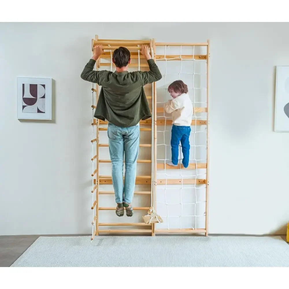 All-in-One Ladder Wall Gym with Cargo Climber, Swing, Rope Ladder, Pull-Up Bar, and Slide - Suitable for Adults and Kids (79)