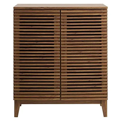 Walnut Mid-Century Bar Cabinet With Slatted Doors, Wine Rack And Dual Drawers For Home Storage