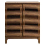 Walnut Mid-Century Bar Cabinet With Slatted Doors, Wine Rack And Dual Drawers For Home Storage