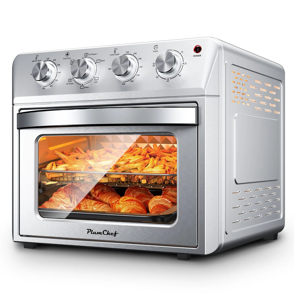 Plum Chef 27.5QT Air Fryer Oven, 6-In-1 Countertop Oven, Air Fry, Bake, Broil, Toast, Warm, Dehydrate, 4 Knob Control, 1600W, Family Size, Silver