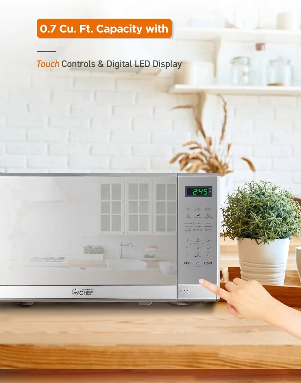 0.7 Cu Ft Countertop Microwave Oven, 700W with Digital LED Touch Controls, 10 Power Levels, Push Button Door, Stainless Steel