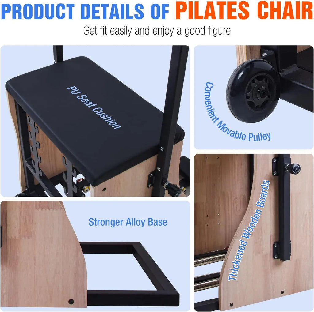 Pilates Chair Wunda Chair Pilates Combo Chair with Handles Split Pedals Reformer Machine 4-Level Resistance for Yoga Core Training Rehabilitation Includes Non-Slip Socks