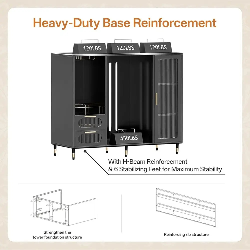 Elegant 47.2 Wide Coffee Bar Cabinet with Ridge Space, Gold Accents, and Wine Glass Rack for Home Storage