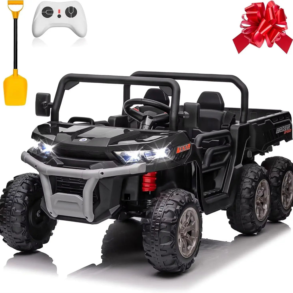 4x4 24V Ride on Dump Truck with Remote Control, 2 Seater Electric Powered Ride on Toys, 6-Wheel UTV Car w/ Tipping Bucket Trailer, Shovel, Suspension, Bluetooth Music,