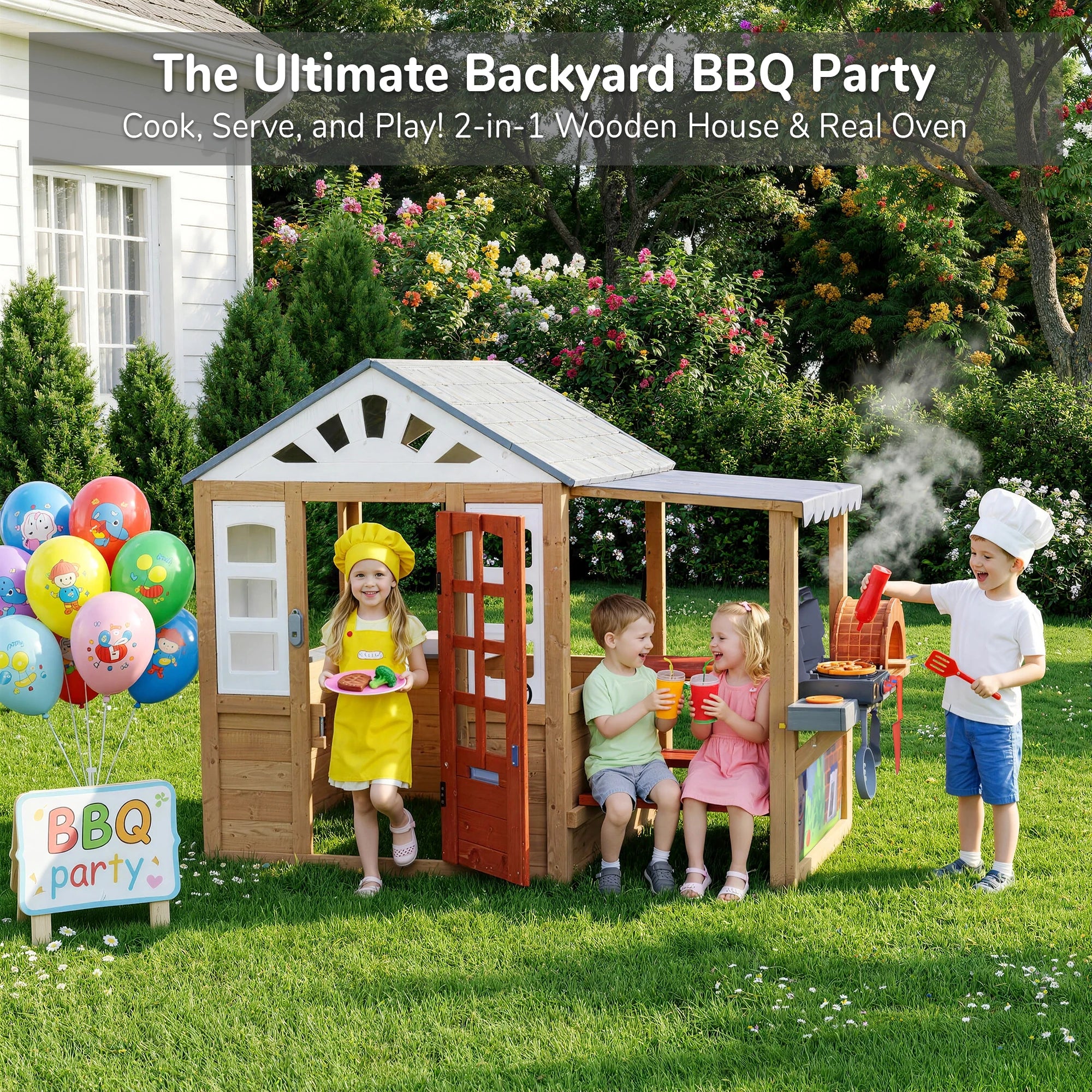 Kids Wooden Playhouse with BBQ Grill Pizza Oven, 2-in-1 Outdoor Indoor Pretend Play Cottage with Sink Whiteboard Doorbell Mailbox, Backyard Role Play Bakery House Toy for Toddlers Boys Girls