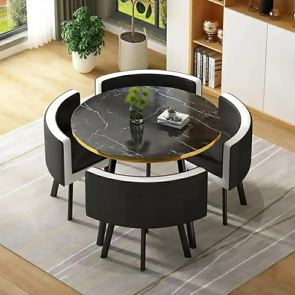 Elegant 5-Piece Dining Set or 4-Seat Round Kitchen Table with Upholstered Chairs & Metal Base, Space-Saving Furniture for Living
