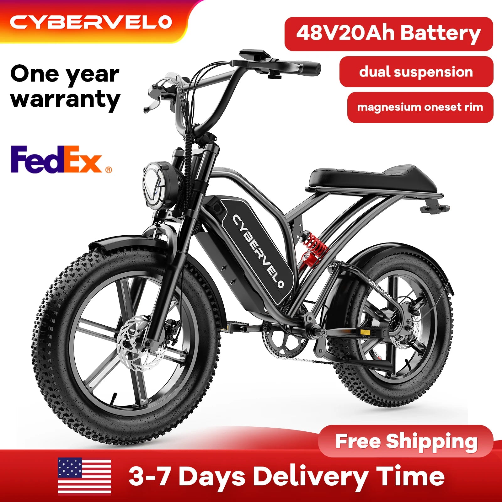 Cybervelo 1000W Motor 20" Fat Tire E-Bike, All-Terrain Mountain Snow 48V 20AH Battery Powered E Motorcycle, 80Miles+ 30MPH EK11