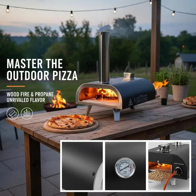 12 Inch Pizza Baker For Camping Backyard Garden, Dual Fuel Iron Spray Shell Built-in Thermometer Wood Pellet Propane Gas Oven Portable Cooking Device Black Shell Outdoor Culinary Equipment