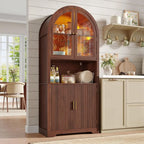 70 Walnut Arched Wine Bar Cabinet with LED Lighting, Stemware Rack, and Glass Door for Kitchen or Dining Area