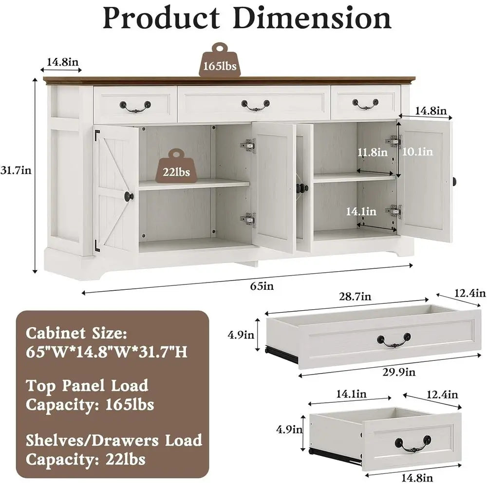 Large 65 Storage Cabinet with 3 Drawers and 4 Doors, White Kitchen Sideboard or Living Room Coffee Bar Wine Cabinet