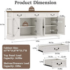 Large 65 Storage Cabinet with 3 Drawers and 4 Doors, White Kitchen Sideboard or Living Room Coffee Bar Wine Cabinet