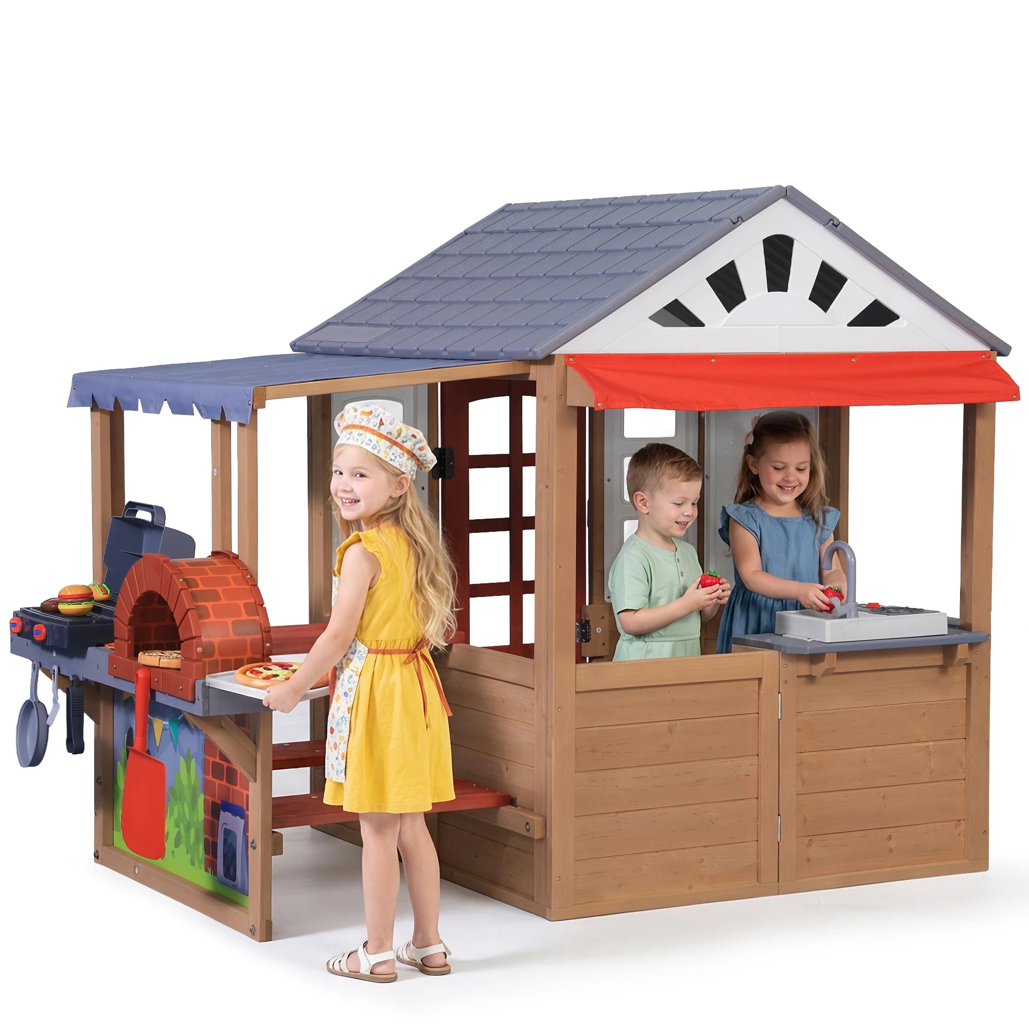 Kids Wooden Playhouse with BBQ Grill Pizza Oven, 2-in-1 Outdoor Indoor Pretend Play Cottage with Sink Whiteboard Doorbell Mailbox, Backyard Role Play Bakery House Toy for Toddlers Boys Girls