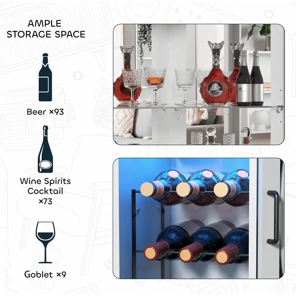 Illuminated Tall Wine Bar Cabinet with Mirror and Adjustable Shelves for Dining or Living Room