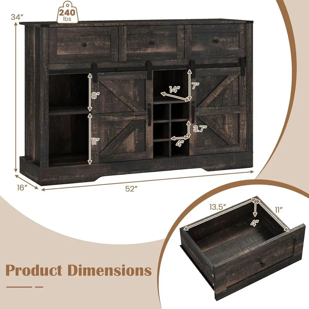 52 LED-lit Wine Bar Cabinet with Sliding Barn Door, 3 Drawers, Adjustable Shelves, 12-Bottle Rack & Glass Holder for Living Room