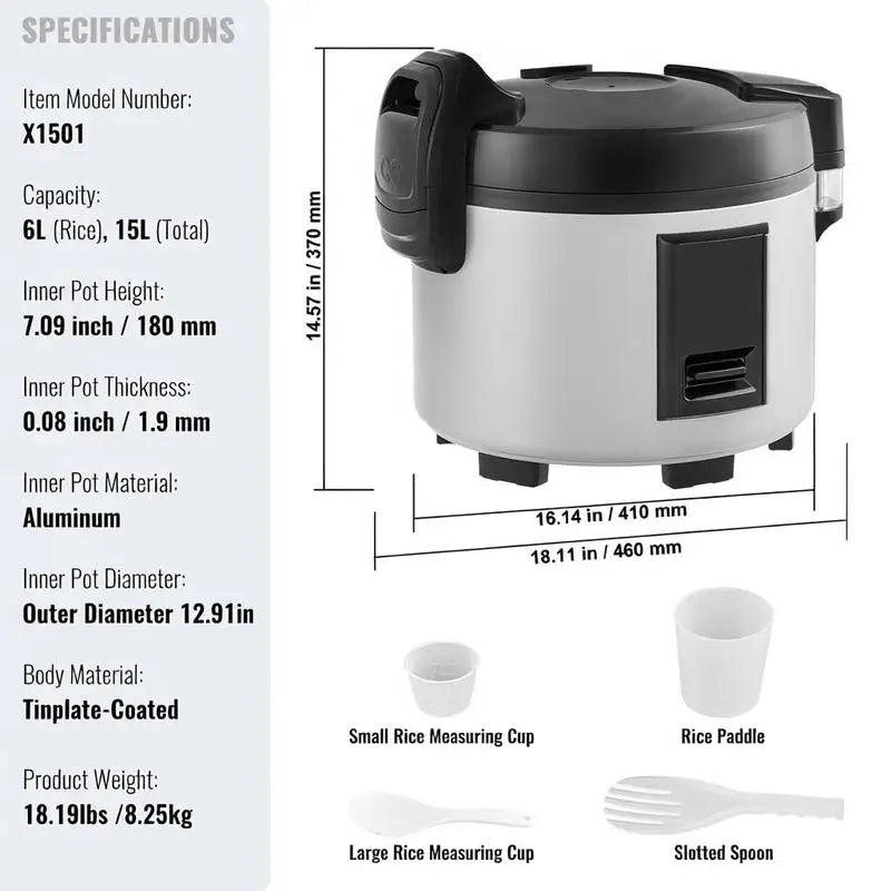 Commercial Rice Cooker, 70-Cup Rice Cooker, 15.85 Qt / 15 Liter Large Rice Cooker and Warmer with Nonstick Inner Pot, Fast Cooking and 12-Hour Keep Warm, with Rice Cup and Paddle, for Restaurant