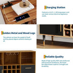 47 Wine Bar Cabinet with Storage, Wine Rack, Glass Holder, LED Light, and Charging Station - Wooden Black