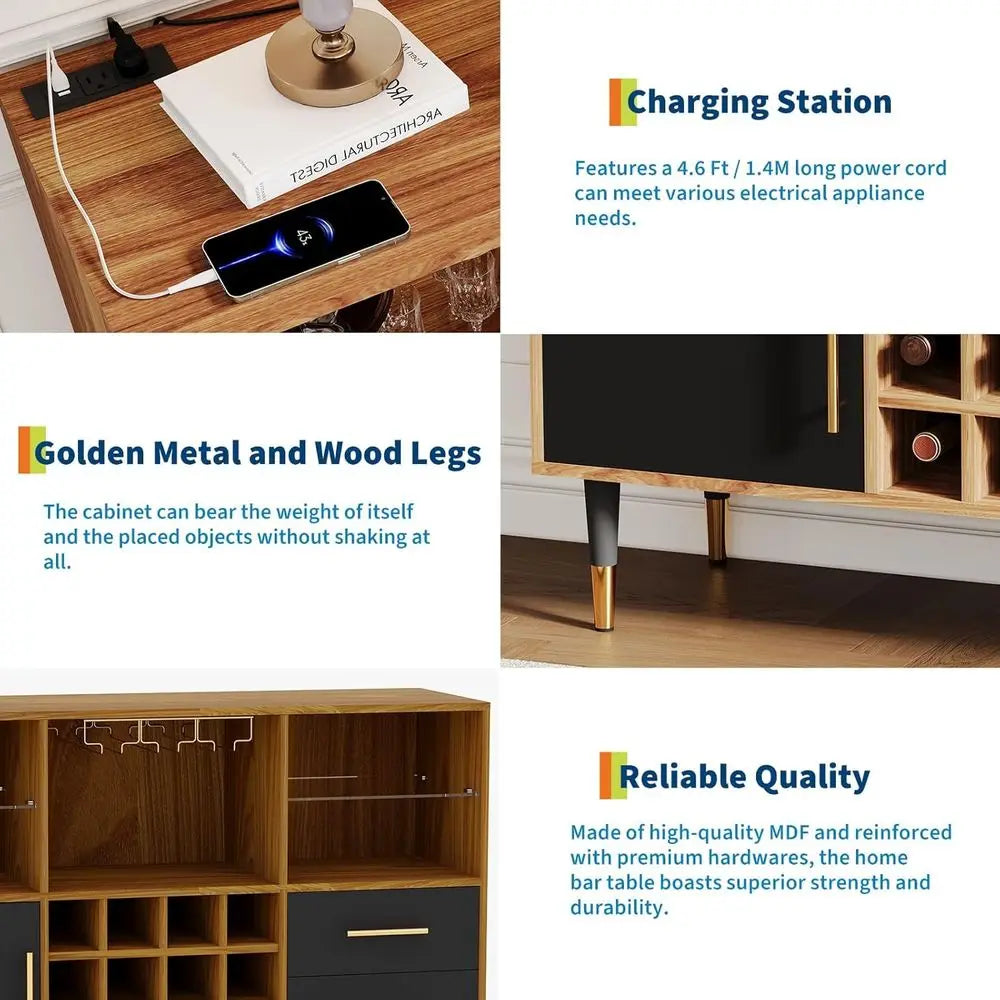 47 Wine Bar Cabinet with Storage, Wine Rack, Glass Holder, LED Light, and Charging Station - Wooden Black