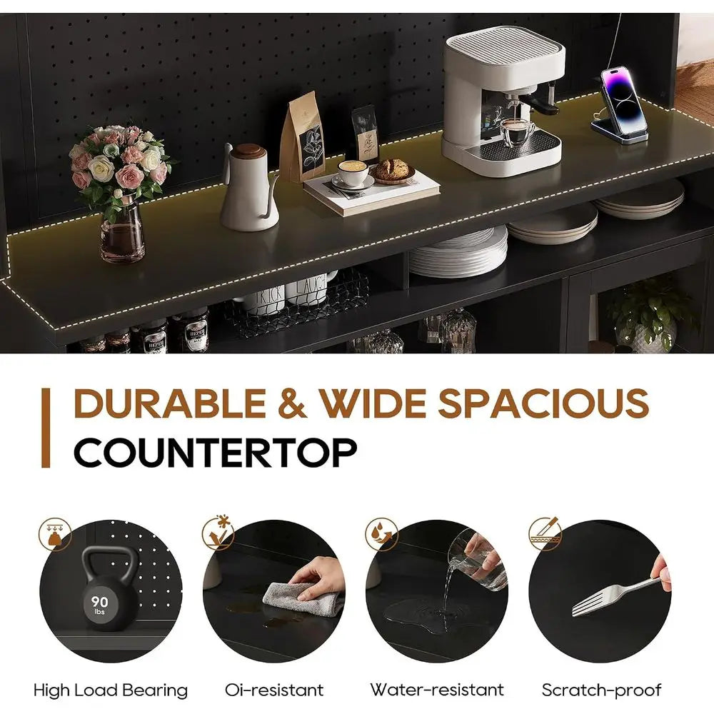 71 Tall Black Wine Bar Cabinet with Charging Station, LED Lights and Anti-Tip Feature for Home Dining or Living Area