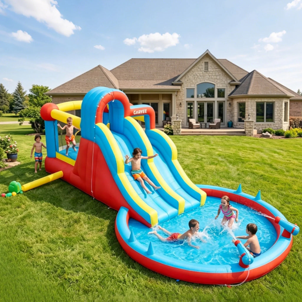 8-in-1 Inflatable Water Park Kids Bounce House With Double Slides & Pool, 550W Blower, Oxford, Indoor Outdoor Set