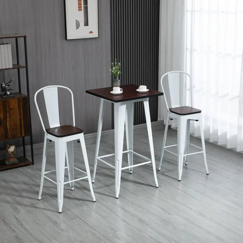 3 Piece Industrial Dining Table Set, Bar Height Bar Table and Chairs Set with Footrests for Bistro, Pub, White and Brown