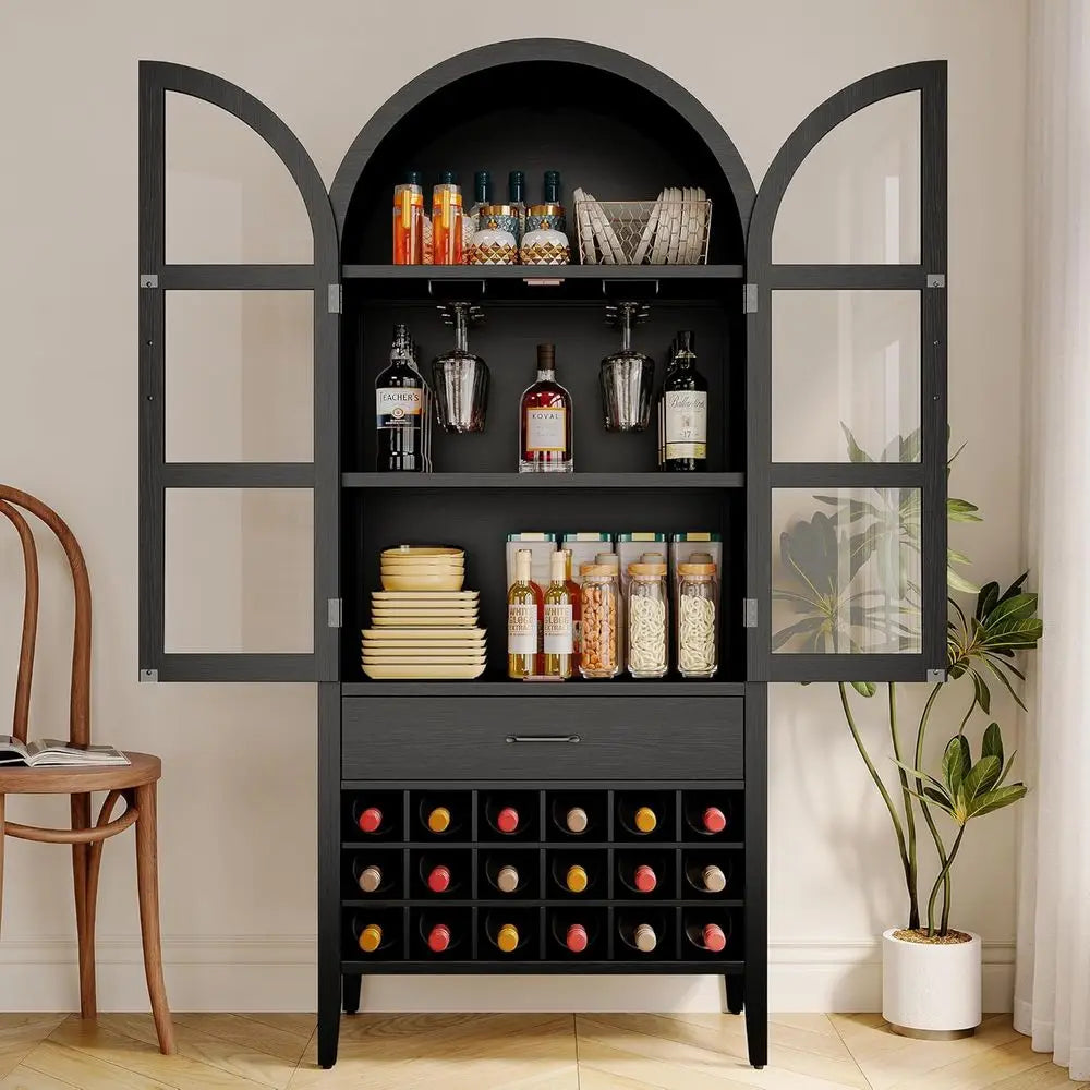 71 High Arched Wine Storage Cabinet with Bar and Shelves, Suitable for Home, Kitchen, Pantry, or Dining Area (Black)