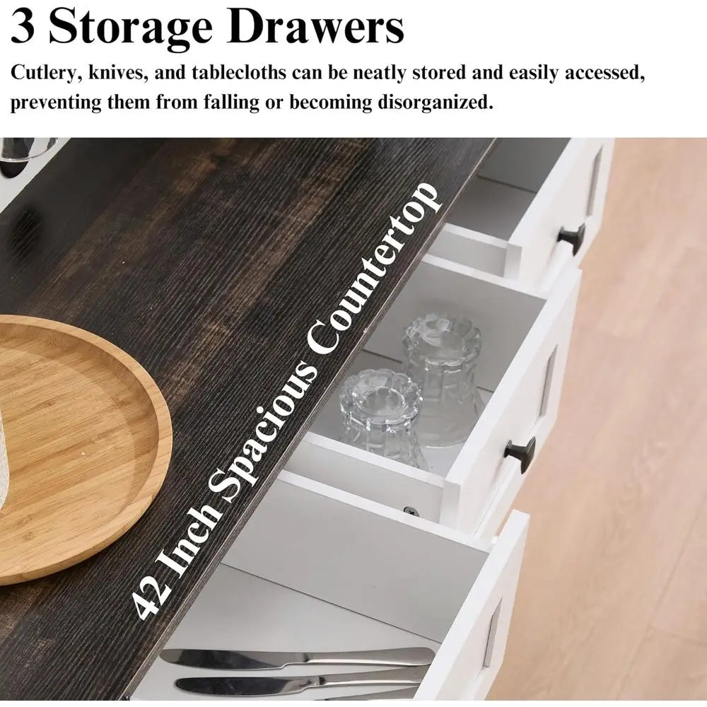 Sliding Door Pantry Cabinet with Drawers & Wine Rack, Rustic Buffet for Kitchen, White and Black