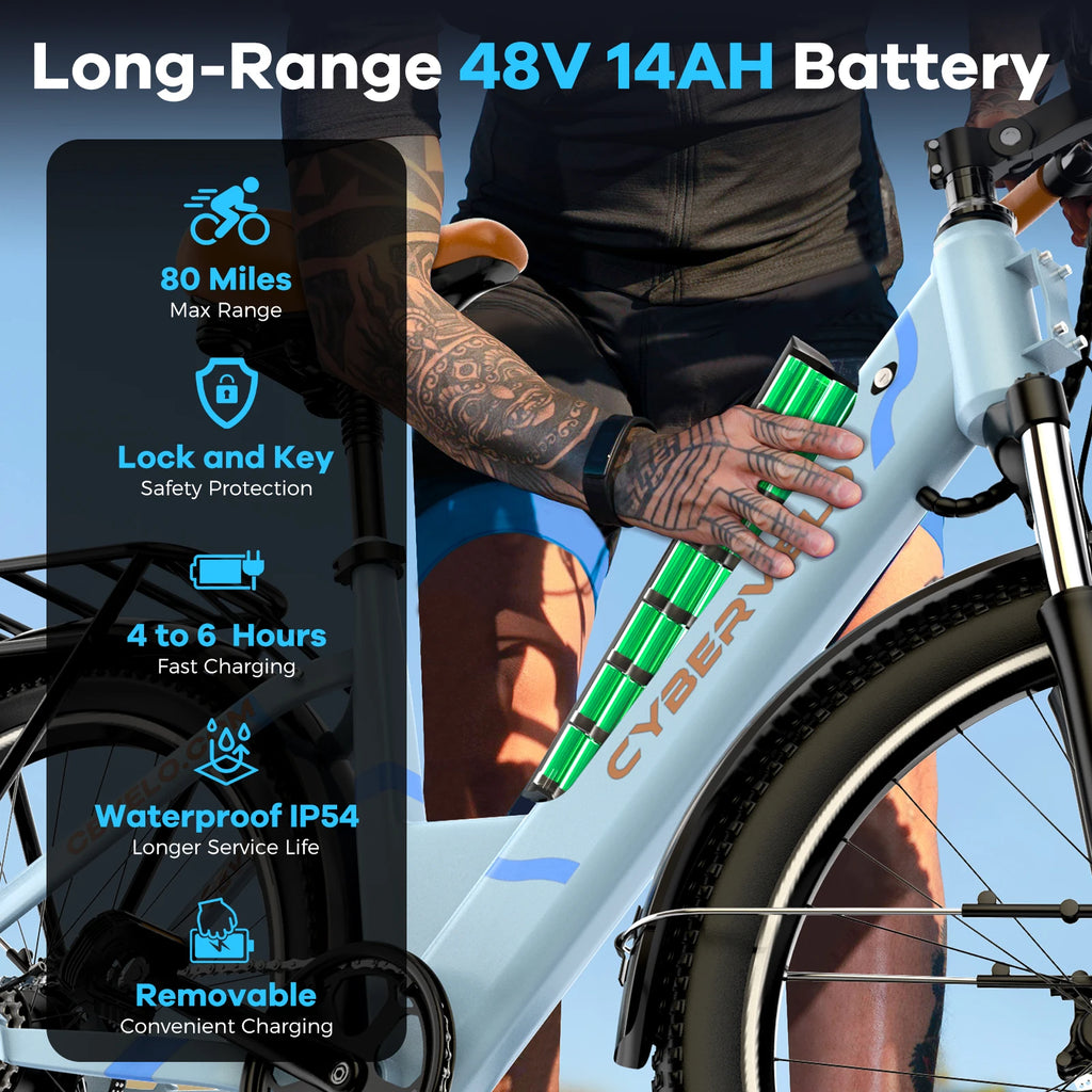 Cybervelo 1000W Peak 26" Electric Bike Adults 80Miles Removable Battery 7-Speed Ebike Beach Snow Commute E Bicycle for Men Women EK2