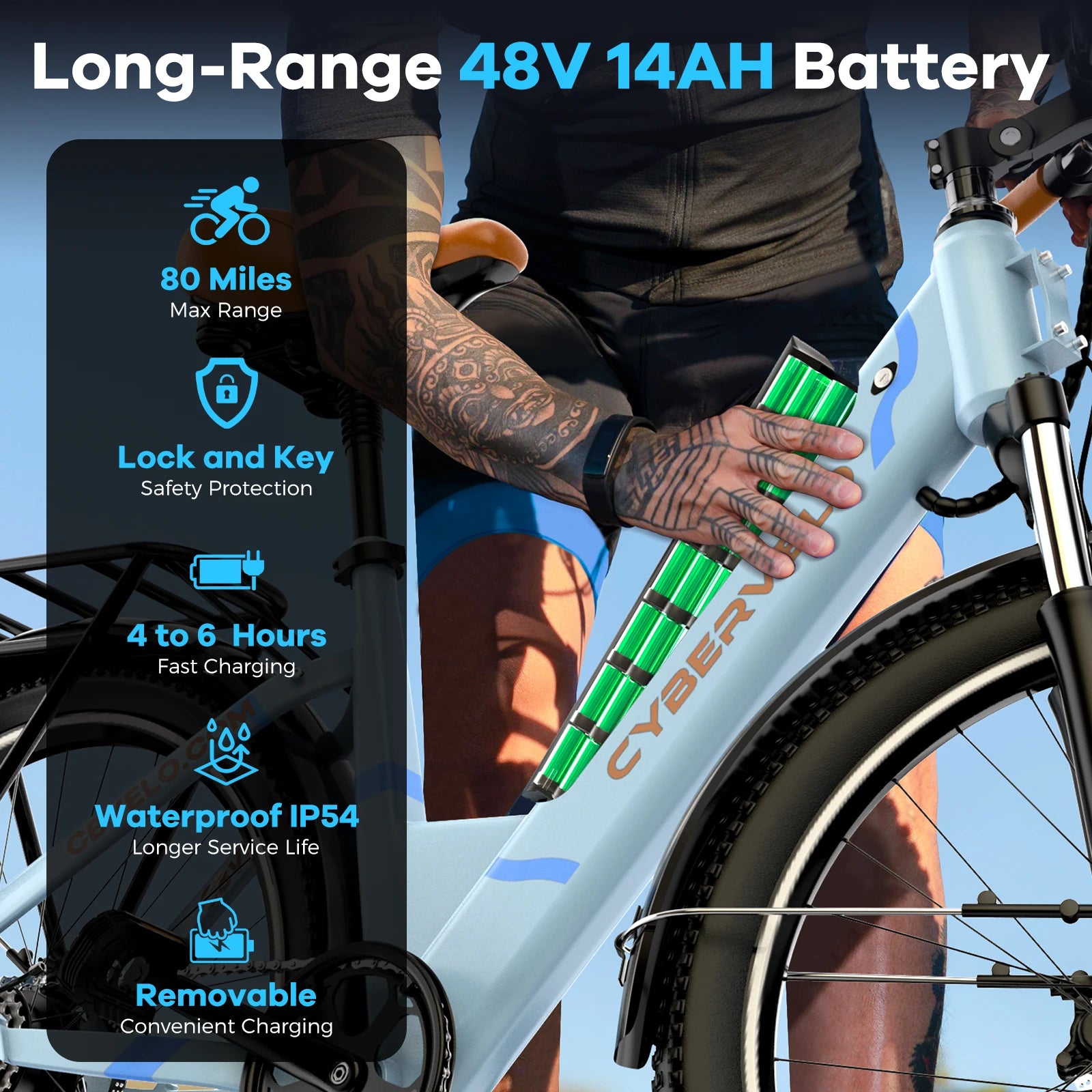 Cybervelo 1000W Peak 26" Electric Bike Adults 80Miles Removable Battery 7-Speed Ebike Beach Snow Commute E Bicycle for Men Women EK2