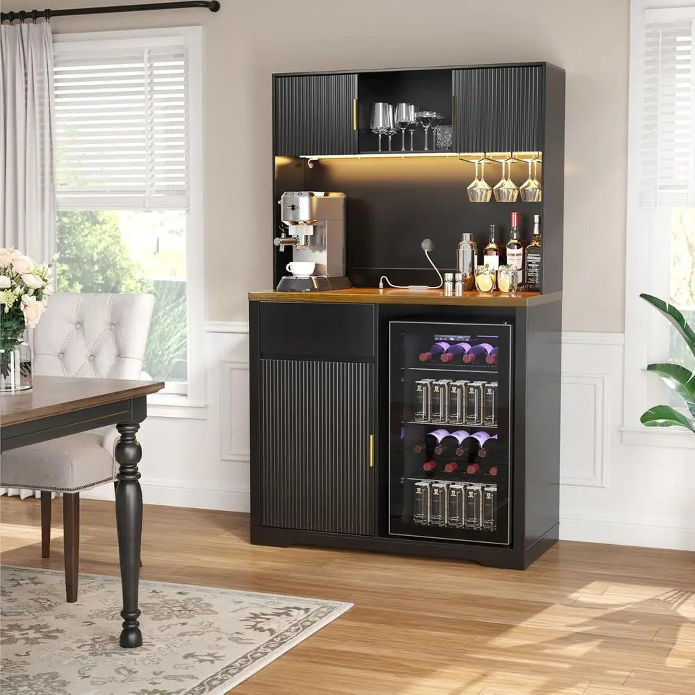 72 High Bar Cabinet with Ridged Storage, LED-lit Liquor Hutch for Home Bar or Dining Area